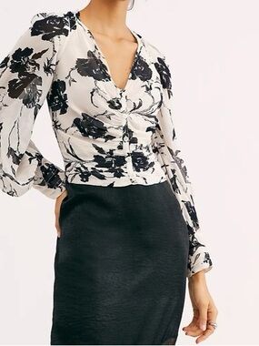 Free people if you had my love printed blouse black white floral sheer romantic